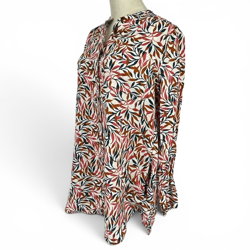 Lands End Womens Medium Linen Button Down Tunic Shirt Leaf Print Pink Blue 10-12 - Picture 2 of 9